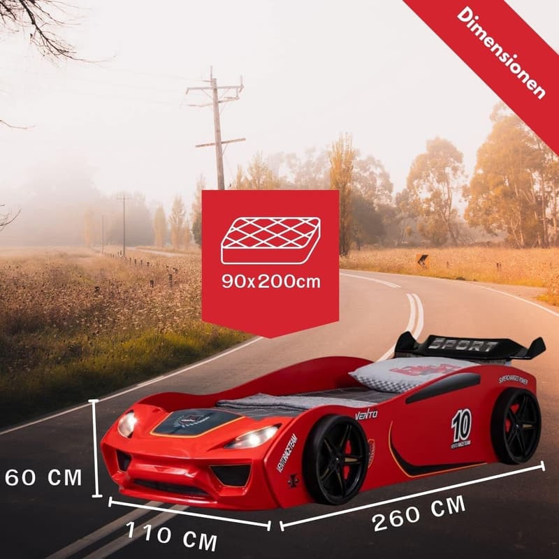 Rennwagen Kinderbett Dream Racer 90x200 mit LED und Lattenrost