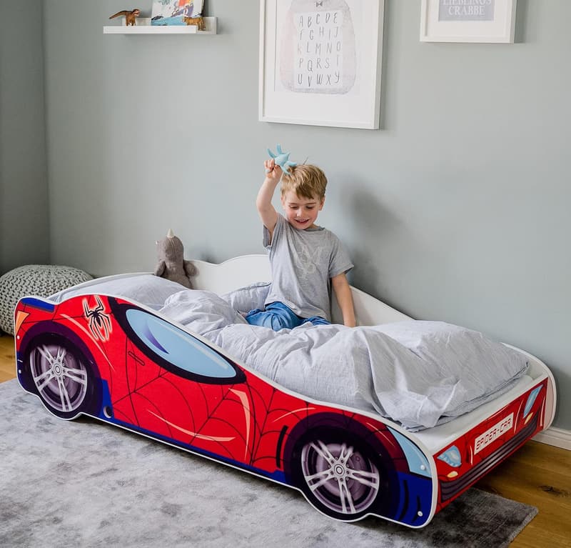 Autobett für Kinder 70x140/80x160 mit Rausfallschutz, Spielbett Rennfahrer