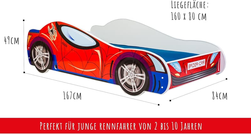 Autobett für Kinder 70x140/80x160 mit Rausfallschutz, Spielbett Rennfahrer