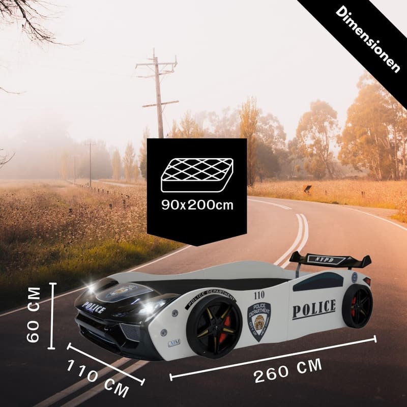 Coemo Polizeiauto-Bett für Kinder 90x200 cm mit LED und Lattenrost