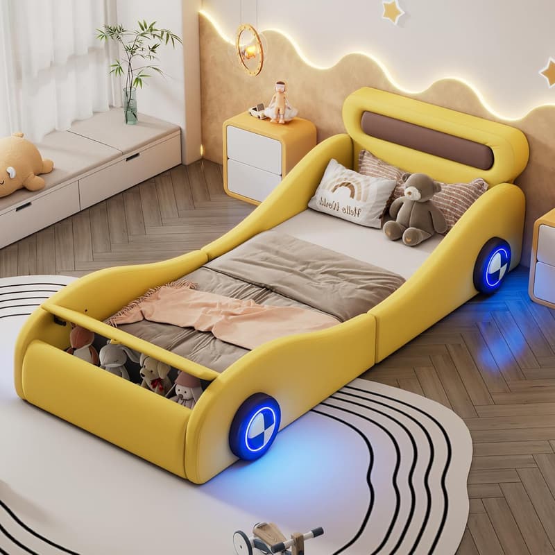 Cooles Autobett 90 x 200 cm für kleine Rennfahrer mit Stauraum, Gelb