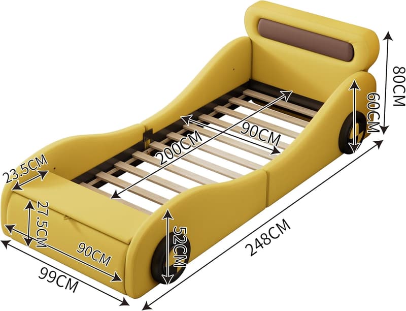 Cooles Autobett 90 x 200 cm für kleine Rennfahrer mit Stauraum, Gelb