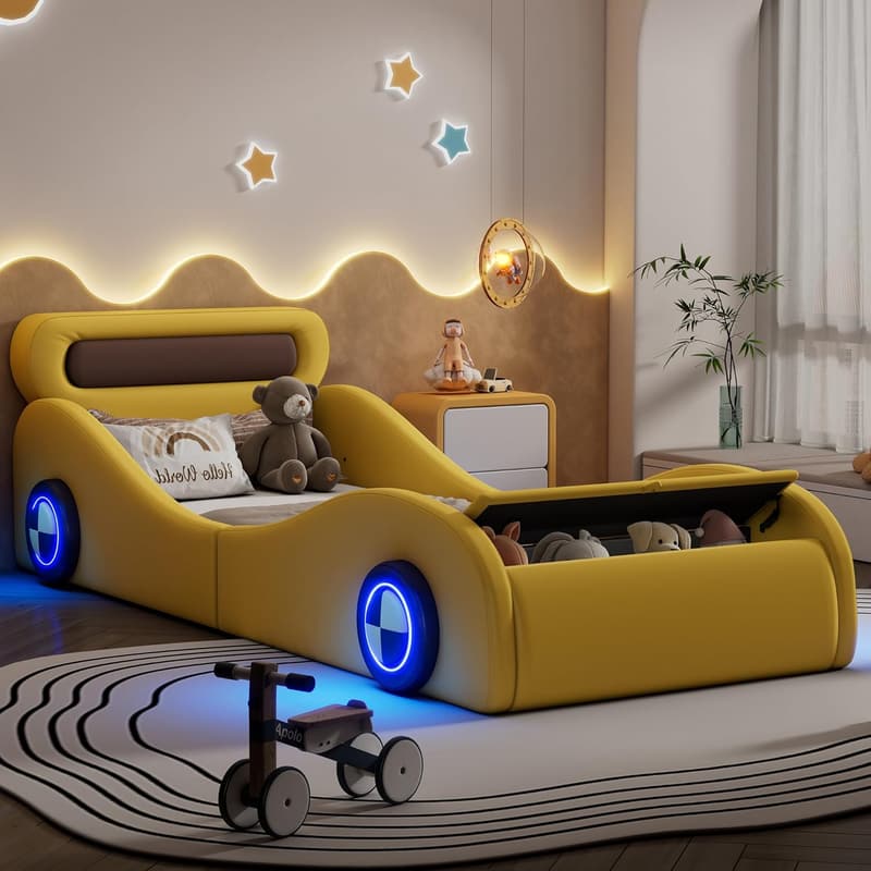 Cooles Autobett 90 x 200 cm für kleine Rennfahrer mit Stauraum, Gelb