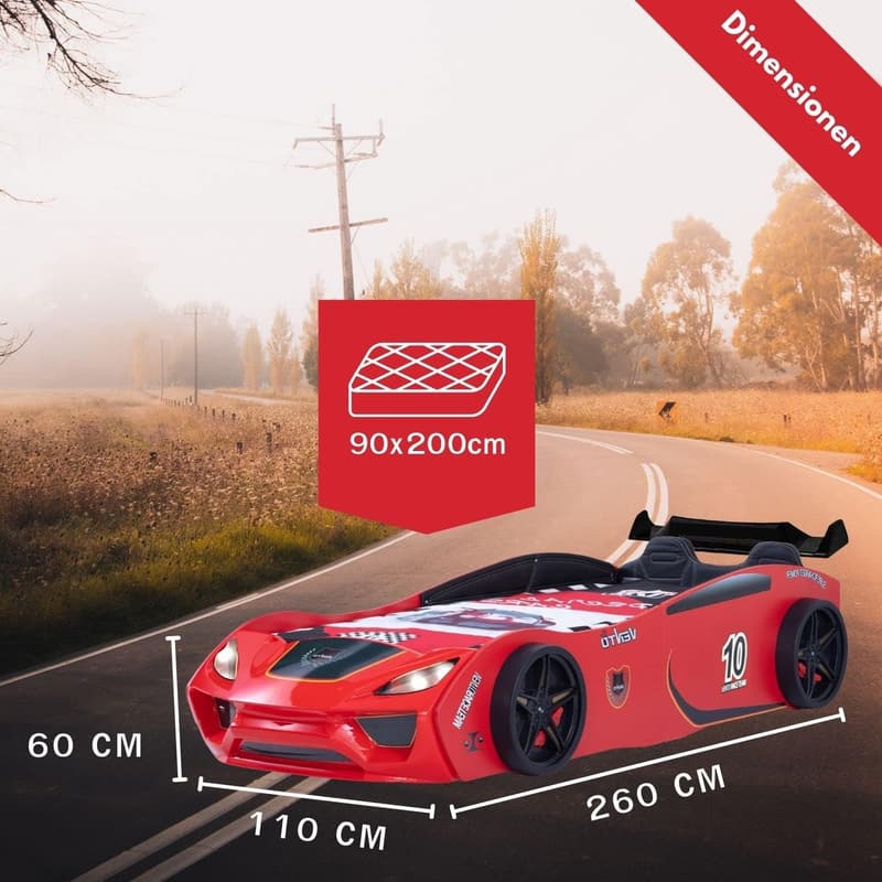 Autobett Dream Racer Rot 90x200 mit Lattenrost und LED für Kinder