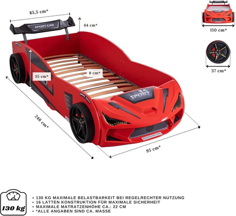 Autobett Rio 90x200 für Kinder mit LED-Leuchte und Lattenrost