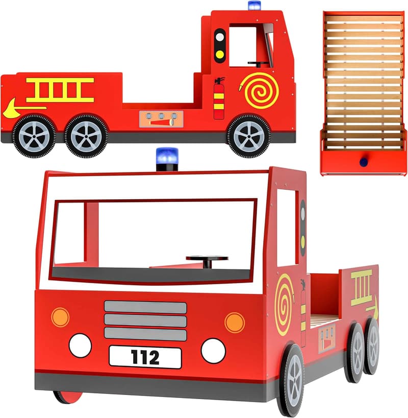 Kinderbett 90x200 cm mit Rausfallschutz und Feuerwehr-Design