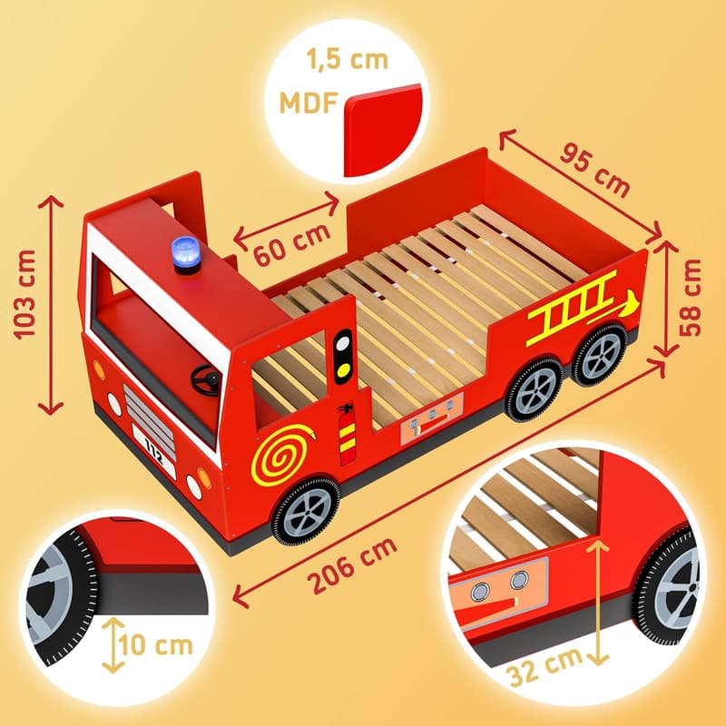 Kinderbett 90x200 cm mit Rausfallschutz und Feuerwehr-Design