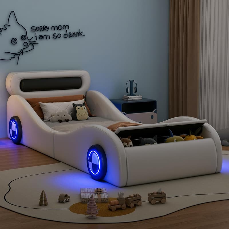 Aufregendes Autobett 90x200 für Kinder mit leuchtenden Rädern und Stauraum