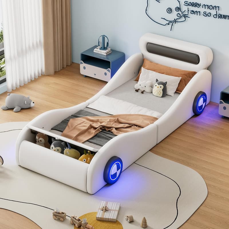 Aufregendes Autobett 90x200 für Kinder mit leuchtenden Rädern und Stauraum