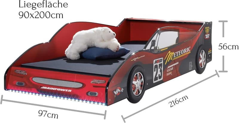 LED Rennauto-Bett für Kinder, 90 x 200 cm, rot-schwarz
