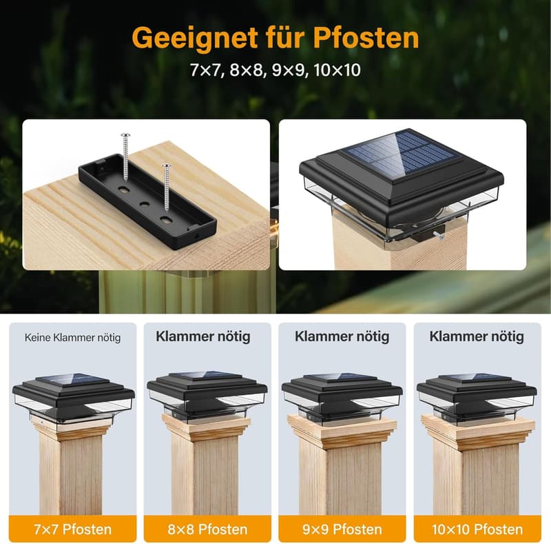 Solar Pfostenkappen Licht – 4er Set, IP65 wasserdicht für Holzpfosten