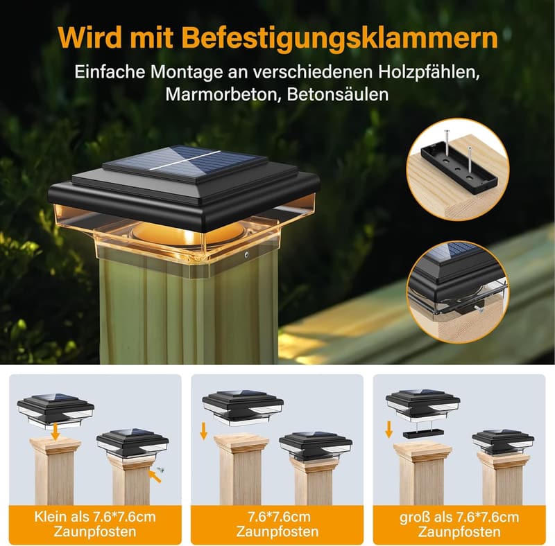 Solar Pfostenkappen Licht – 4er Set, IP65 wasserdicht für Holzpfosten