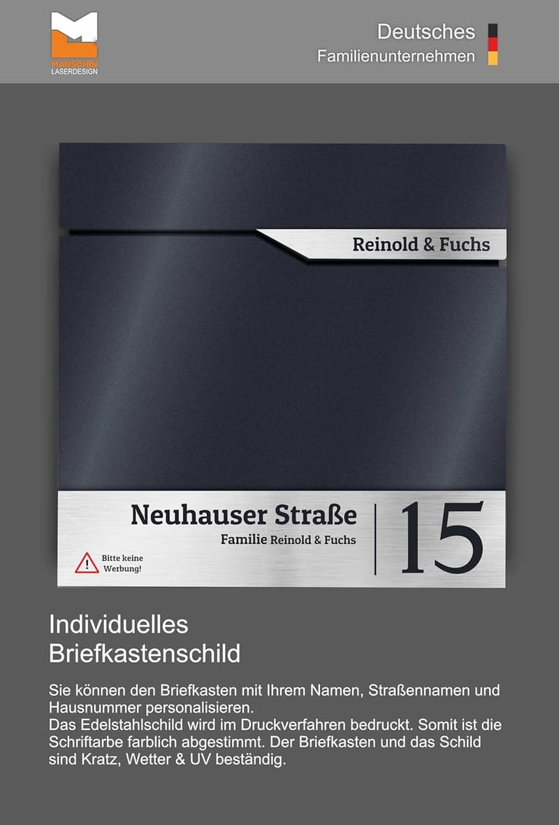 Personalisierbarer Wandbriefkasten mit Zeitungsfach aus Edelstahl V2A