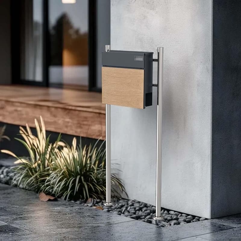 Freistehender SCHARTEC Holz-Design Briefkasten mit Edelstahlfüßen