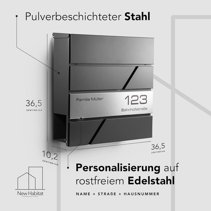 Moderner Briefkasten mit Zeitungsfach – personalisiert mit Edelstahl Namensschild und Hausnummer