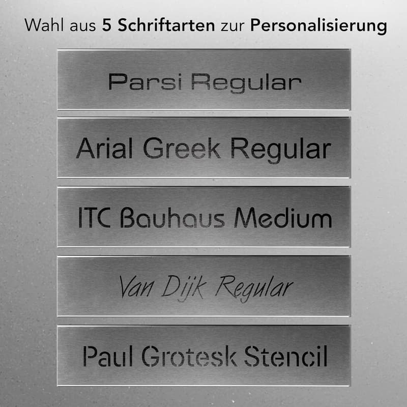 Moderner Briefkasten mit Zeitungsfach – personalisiert mit Edelstahl Namensschild und Hausnummer