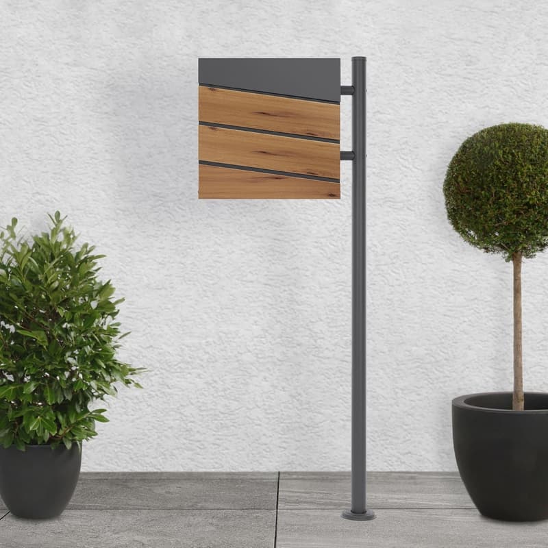 ECD Germany Edelstahl-Standbriefkasten mit Zeitungsfach, anthrazit Holzoptik