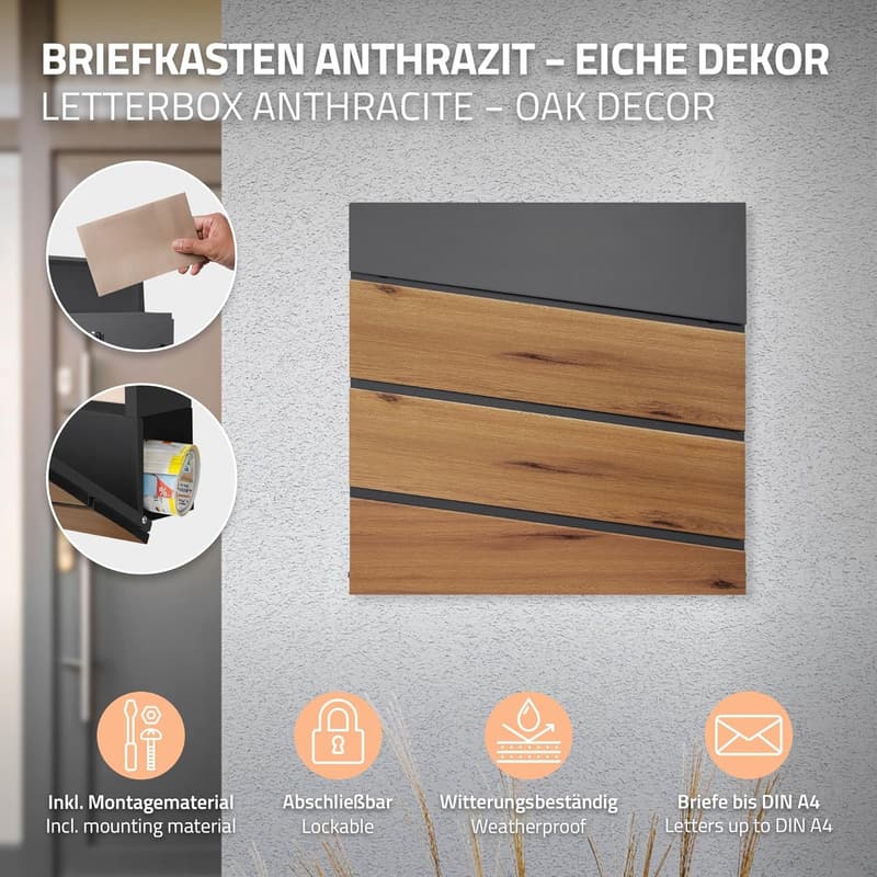 ECD Germany Edelstahl-Standbriefkasten mit Zeitungsfach, anthrazit Holzoptik