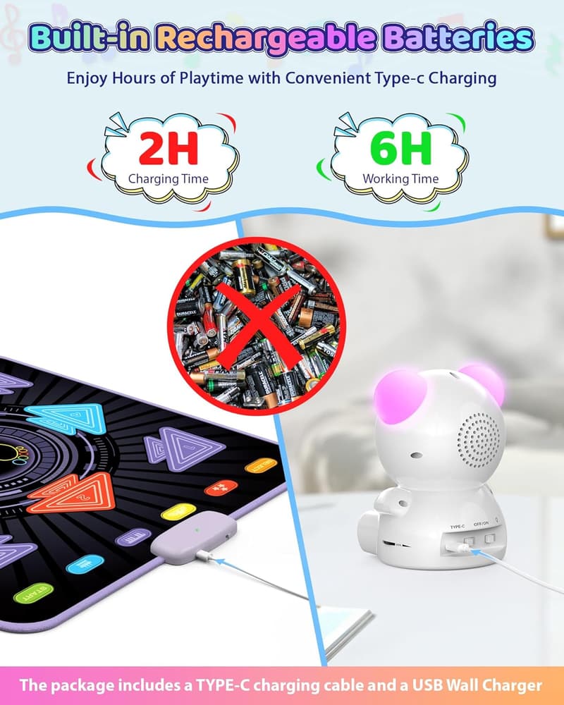Wiederaufladbare Tanzmatte für Kinder mit Bluetooth und LED-Leuchten