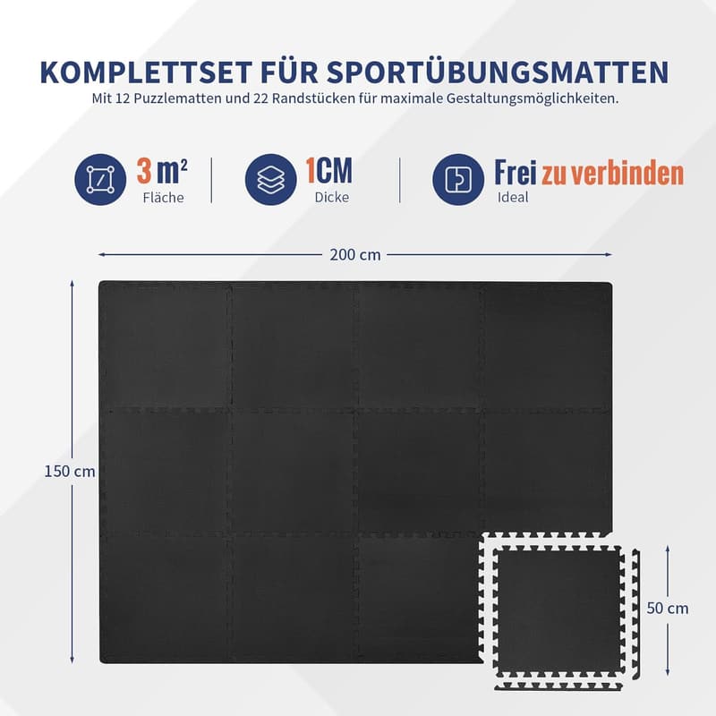 Wemk Bodenschutzmatte für Fitness, 50x50 cm, 12 Stück, 3 m²