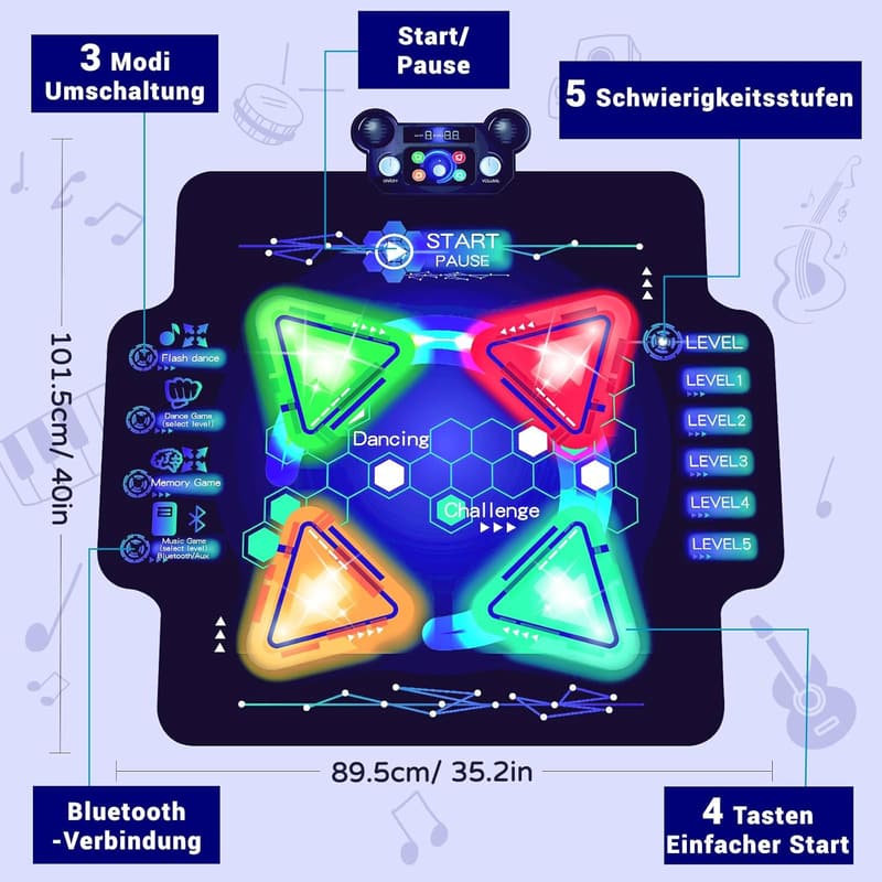Musik-Tanzmatte für Kinder mit Bluetooth und LED-Leuchten
