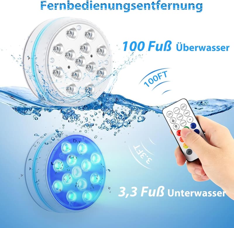 LED Poolbeleuchtung mit Fernbedienung - 4er Set, wasserdicht IP68