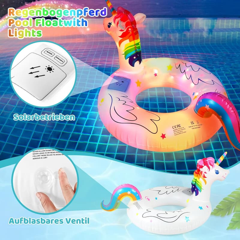 Aufblasbarer Regenbogenpferd Poolschwimmer mit Farbwechsel-Lichtern für Kinder