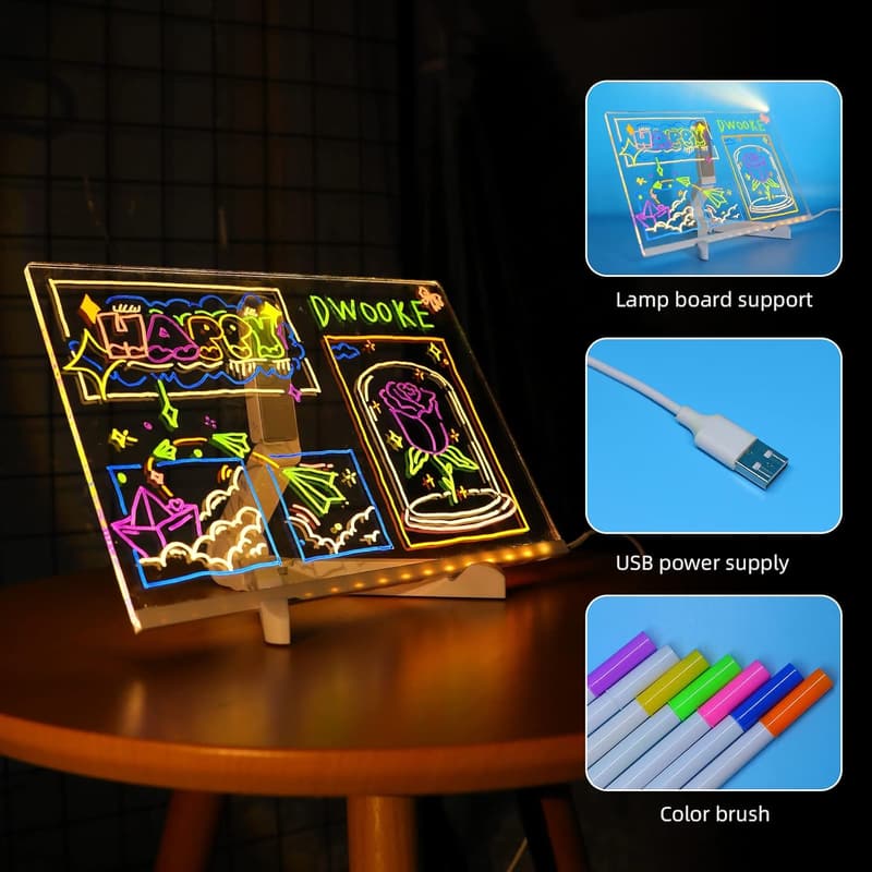 LED-Nachrichtentafel mit Stift und 7 Farben – Trocken abwischbar, beleuchtet