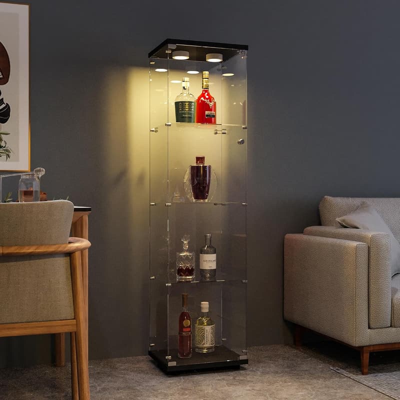 Moderne Glasvitrine mit Licht für Sammlerstücke, 4-stufig, Schwarz