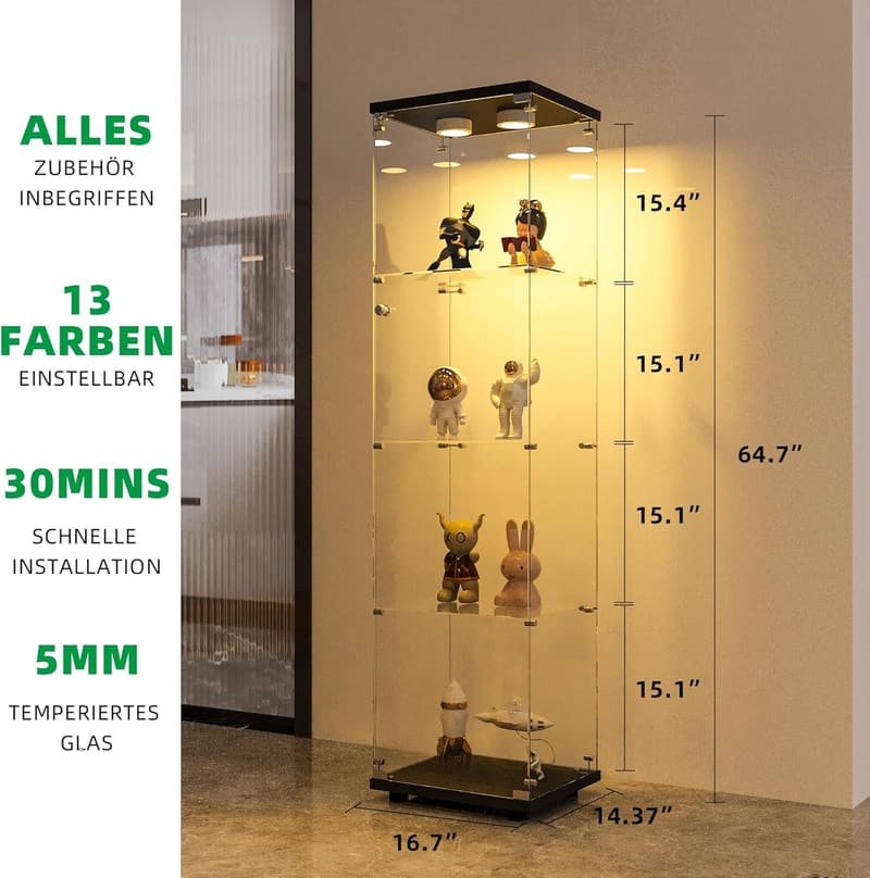 Moderne Glasvitrine mit Licht für Sammlerstücke, 4-stufig, Schwarz