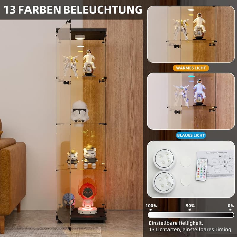 Moderne Glasvitrine mit Licht für Sammlerstücke, 4-stufig, Schwarz