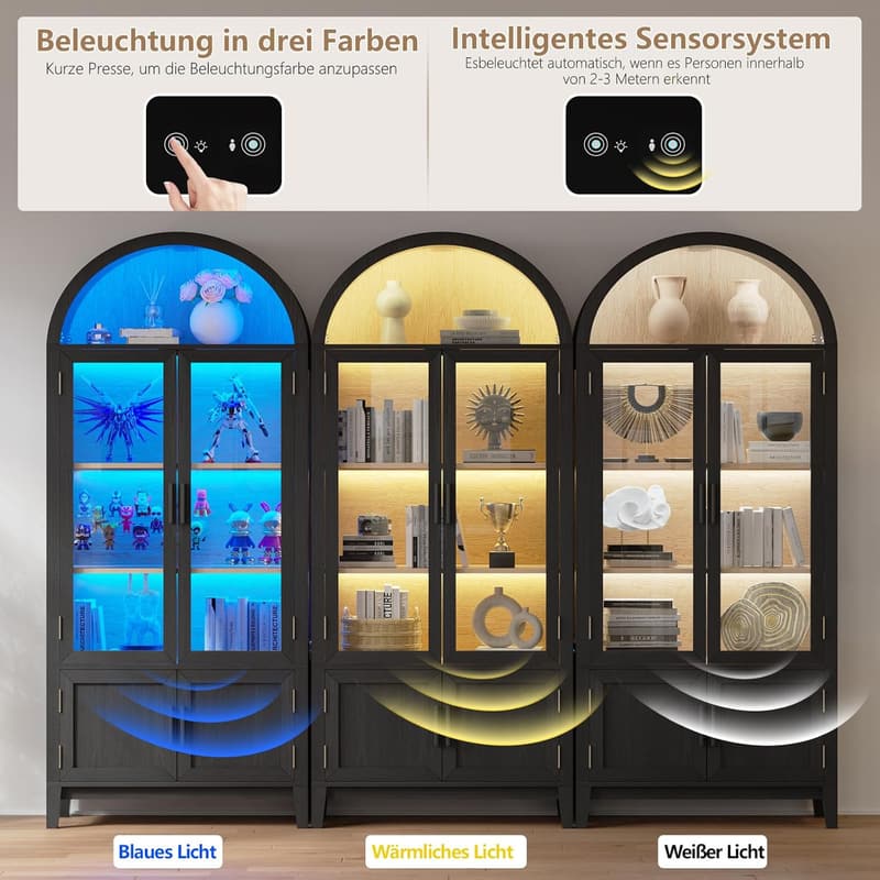 Schwarzer Vitrinenschrank mit LED-Beleuchtung und Sensorik für Sammler