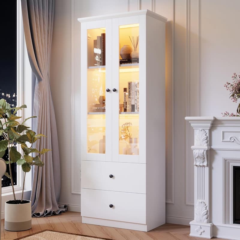 LED-Glasvitrine mit Glastür und 2 Schubladen, 165 cm hoch