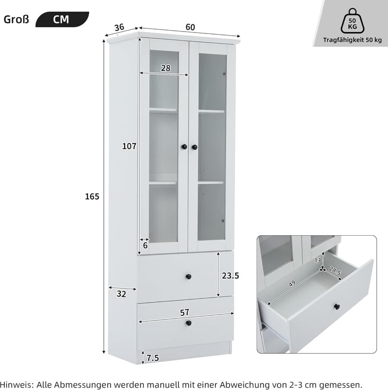LED-Glasvitrine mit Glastür und 2 Schubladen, 165 cm hoch