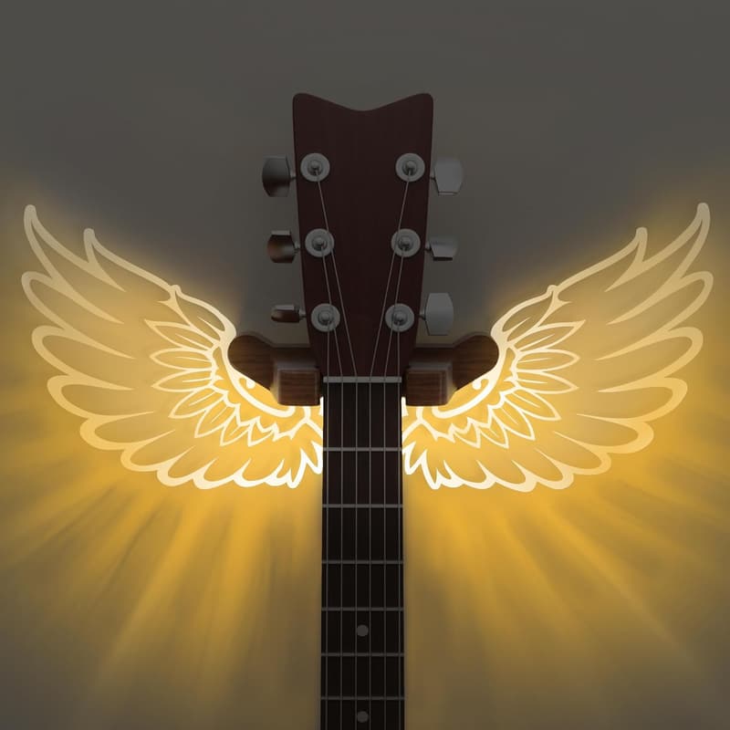 Gitarren-Wandhalterung mit leuchtenden Engelsflügeln aus Holz und Acryl