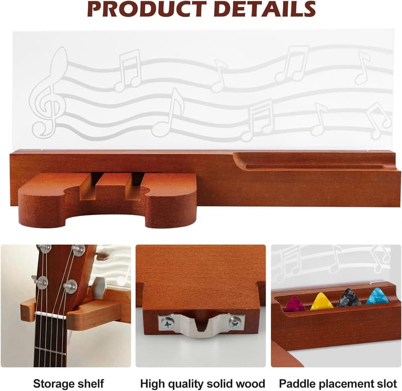 Beleuchteter Gitarrenhalter aus Holz mit Plektrumhalter für E-Gitarren und Ukulele