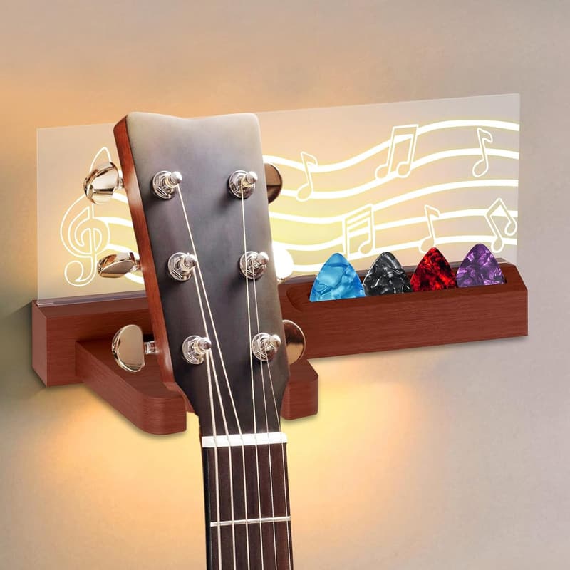 Gitarrenwandhalter aus Massivholz mit LED-Beleuchtung und Musiknoten