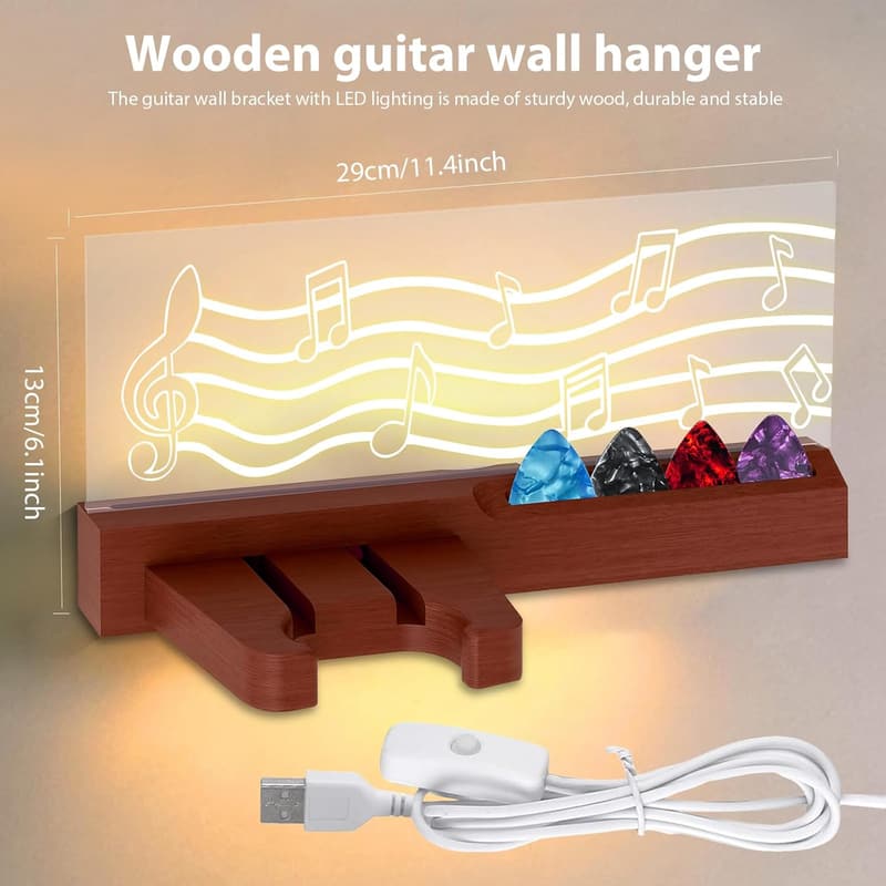 Gitarrenwandhalter aus Massivholz mit LED-Beleuchtung und Musiknoten