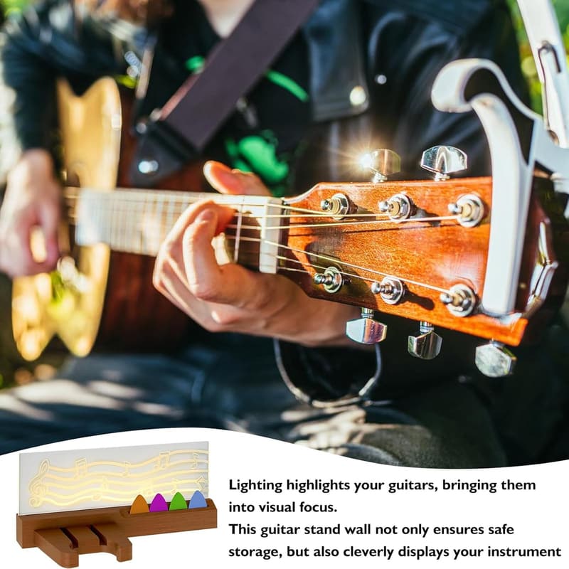 Gitarrenwandhalter aus Massivholz mit LED-Beleuchtung und Musiknoten