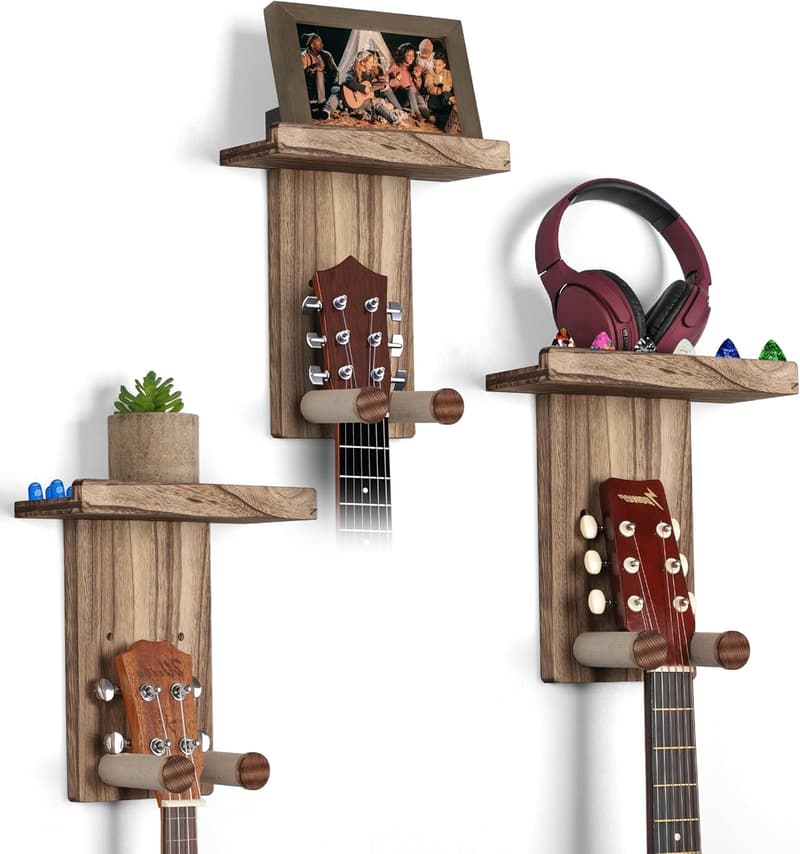 Gitarrenständer aus Holz mit Regal und 3 Haken - Wandhalterung für Akustikgitarre und Bass
