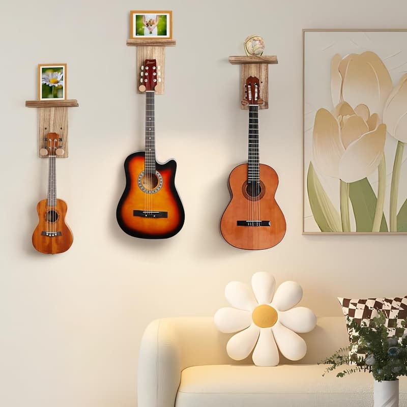 Gitarrenständer aus Holz mit Regal und 3 Haken - Wandhalterung für Akustikgitarre und Bass