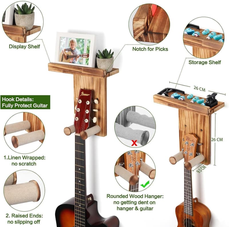 Gitarrenständer aus Holz mit Regal und 3 Haken - Wandhalterung für Akustikgitarre und Bass