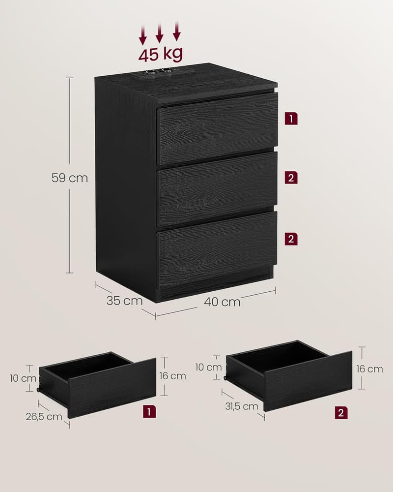 Nachttisch mit 3 Schubladen und Steckdosen - modern in Wolkenweiß