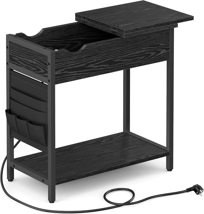 Schmaler Nachttisch mit USB-Anschlüssen und Steckdose, schwarz-holzfarben