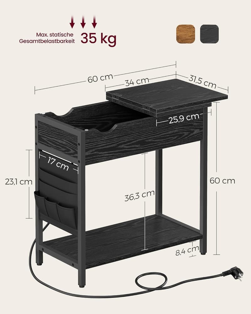 Schmaler Nachttisch mit USB-Anschlüssen und Steckdose, schwarz-holzfarben