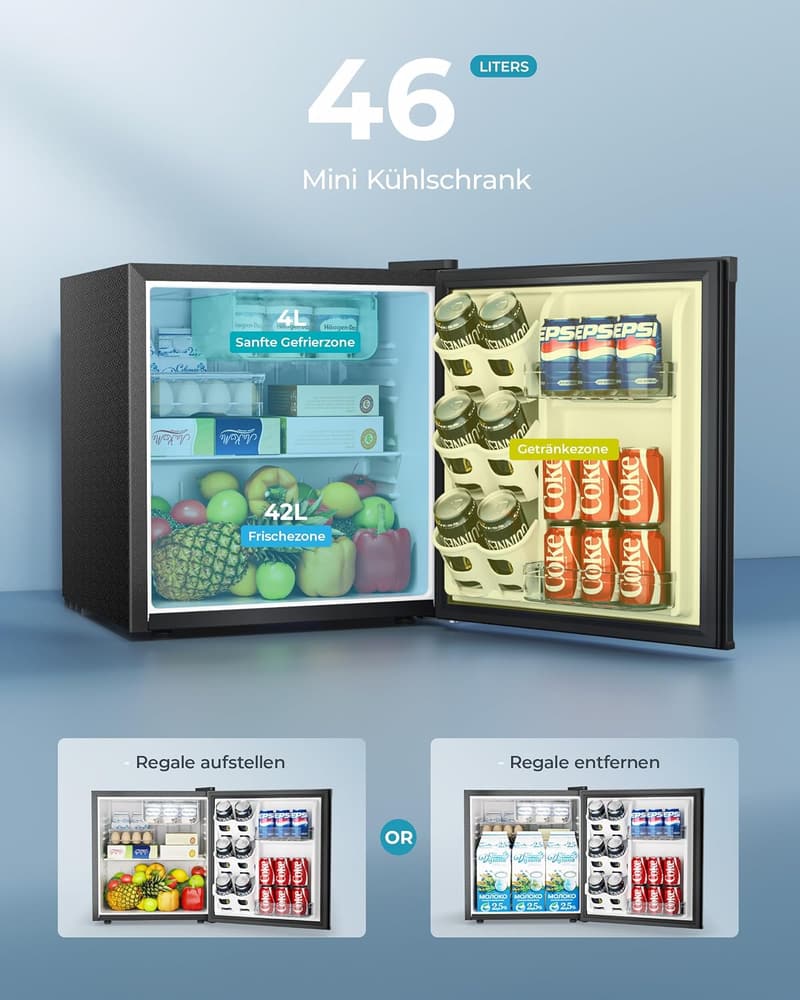 Mini-Kühlschrank 46L mit Umkehrbarer Tür, 7-Stufen Thermostat, Schwarz