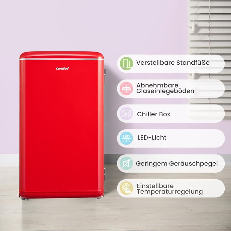 Kleiner Retro Kühlschrank 93L, stufenloser Thermostat, rot