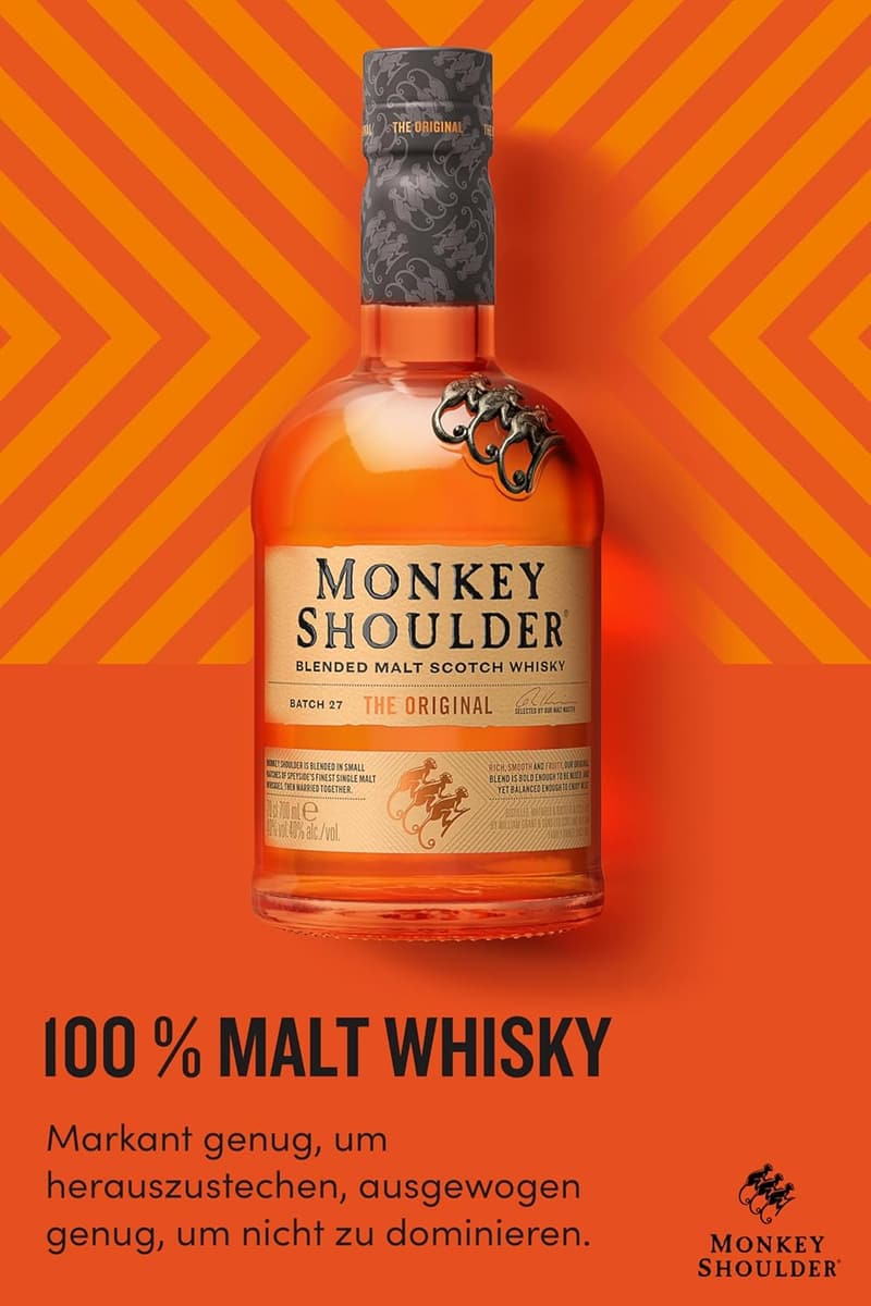 Monkey Shoulder Blended Malt Scotch Whisky, 70cl – exklusives Geschenk für Whisky-Liebhaber