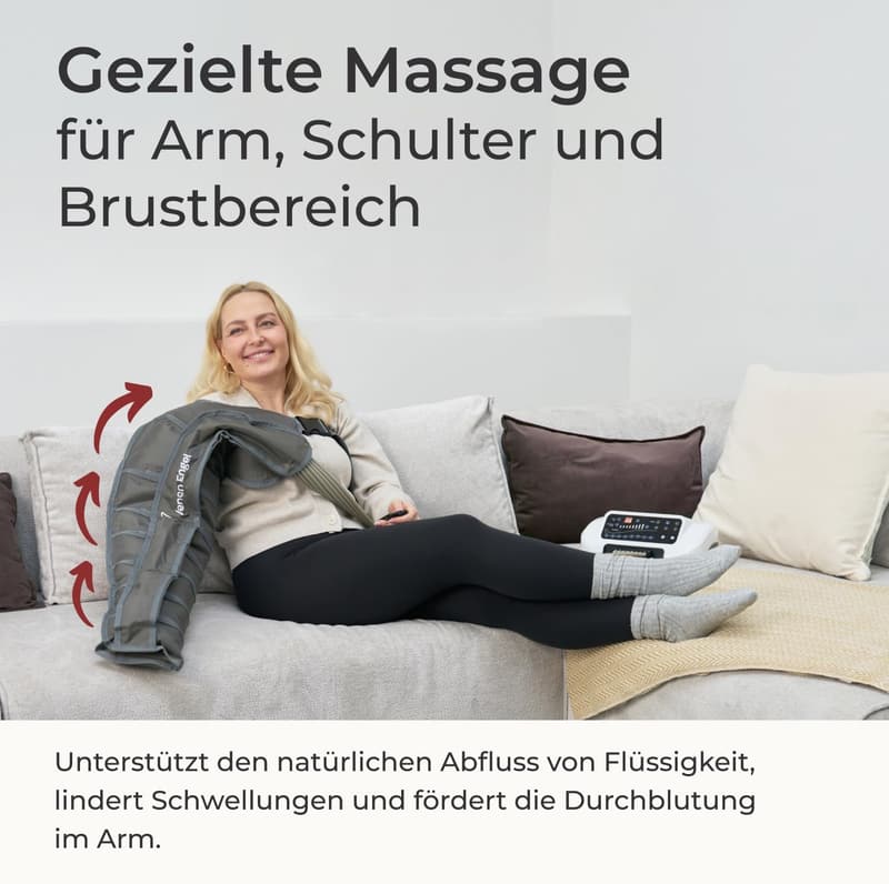 Lymphmassagegerät für den linken Arm mit 8 Luftkammern und 6 Programmen