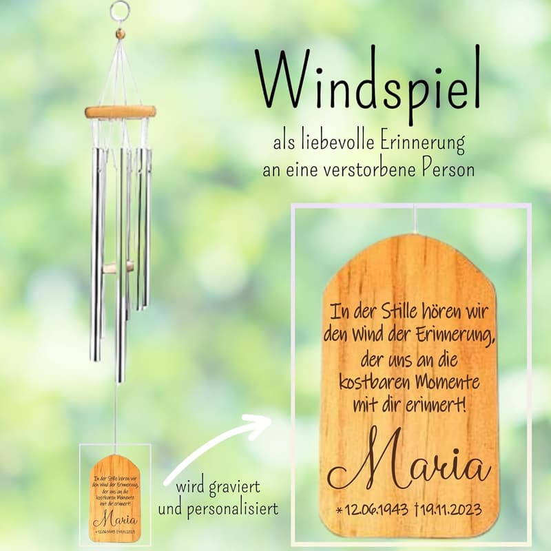 Personalisierte Trauergeschenk Windspiel „Wind der Erinnerung“